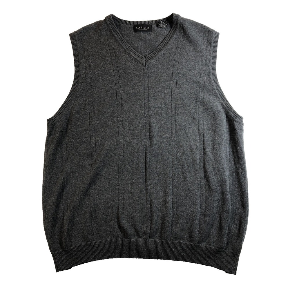 Van Heusen Sweater Vest‎ Men's Size Large Dark Grey V-Neck Knit Grandpacore